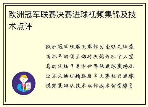 欧洲冠军联赛决赛进球视频集锦及技术点评